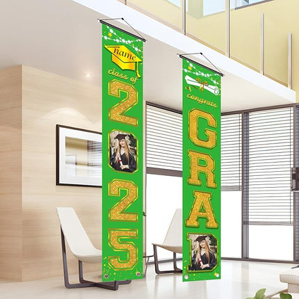 UUBAO Custom Graduation Party Decorations 2025 Personalization Congrats Grad Banner Graduation Front Door Porch Sign Backdrop(Light Green and Gold)