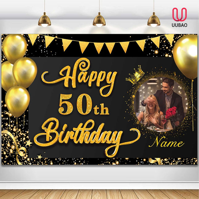 UUBAO Custom Happy Birthday Decorations Banner Backdrop for Women Men Boys Girls Personalization Black and Gold Birthday Party Supplies