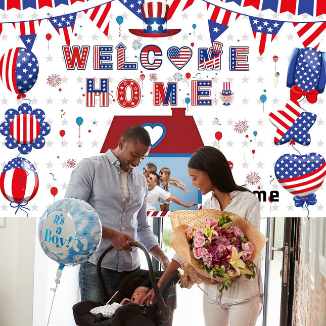 UUBAO Custom Welcome Home Decorations Kit Military Red White and Blue Balloons Patriotic Paper Fans Star Streamers Tablecloth for Patriotic Memorial Day Deployment Returning Party Decor