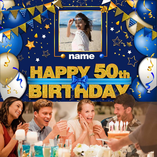 UUBAO Custom Happy Birthday Decorations Banner Backdrop for Women Men Boys Girls Personalization Navy Blue Birthday Party Supplies