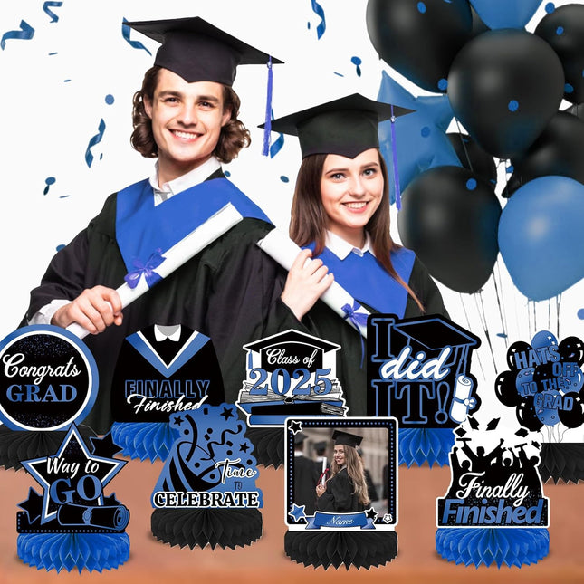 UUBAO 9 PCS Custom Graduation Party Honeycomb Centerpieces Class of 2025 Congrats Grad Decorations Congratulate Graduation Table Toppers for Graduation Party Favor Supplies (Navy Blue)