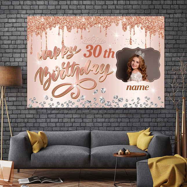 UUBAO Custom Happy Birthday Backdrop Personalization Glitter Diamond Banner for Girls Women(Rose Gold)