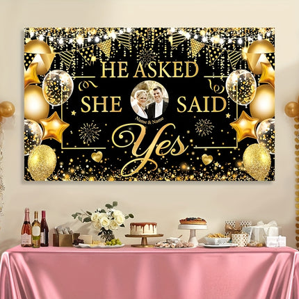 UUBAO Custom Black Gold Engagement Decorations Personalized Banner for Wedding Happy Engagement Party