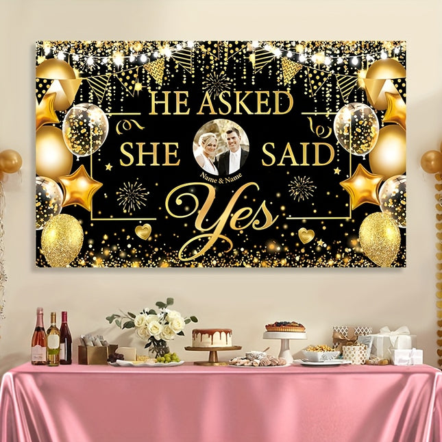 UUBAO Custom Black Gold Engagement Decorations Personalized Banner for Wedding Happy Engagement Party