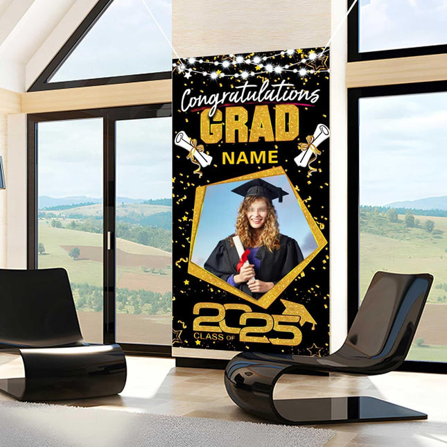 UUBAO Custom Graduation Party Decorations Personalization Banner Class of 2025 Backdrop Door Cover (Black and Gold)