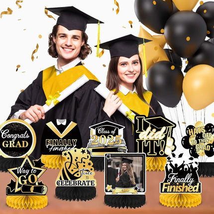 UUBAO 9 PCS Custom Graduation Party Honeycomb Centerpieces Class of 2025 Congrats Grad Decorations Congratulate Graduation Table Toppers for Graduation Party Favor Supplies (Black and Gold)