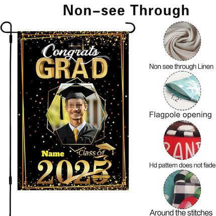 UUBAO Custom Graduation Garden Flag with Photo Class of 2025 Congrats Grad Double Sided Yard Flag Decorative Gifts (Black and Gold)