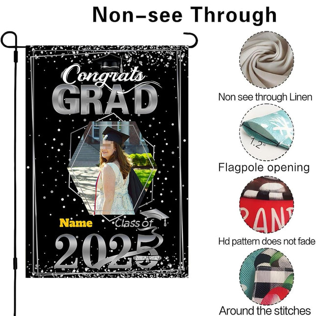 UUBAO Custom Graduation Garden Flag with Photo Class of 2025 Congrats Grad Double Sided Yard Flag Decorative Gifts (Black and Silver)