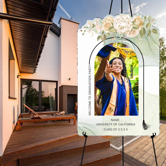 UUBAO Customized Welcome Sign for Graduation Party Personalized Acrylic Sign with Photo Name Class of 2025 Graduation Decor(Carving flowers)