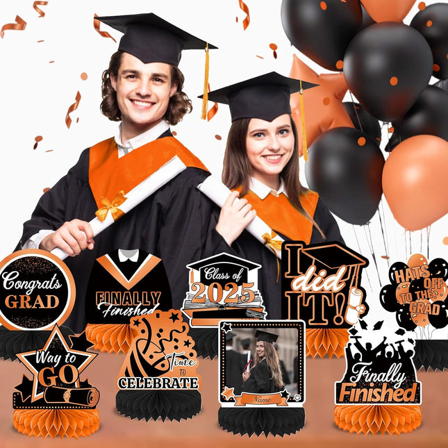 UUBAO 9 PCS Custom Graduation Party Honeycomb Centerpieces Class of 2025 Congrats Grad Decorations Congratulate Graduation Table Toppers for Graduation Party Favor Supplies (Orange)