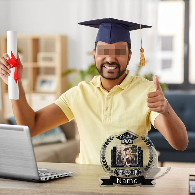 UUBAO Customized Graduation Plaque with Single Picture Custom Picture 2025 Congrats Grad Crystal Desktop Farewell Keepsake Gift (Black and Silver)