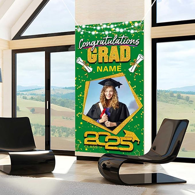 UUBAO Custom Graduation Party Decorations Personalization Banner Class of 2025 Backdrop Door Cover (Dark Green and Gold)