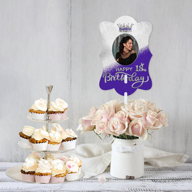 UUBAO Custom Happy Birthday Face Cutout Fans Personalized Photo Prop Signs for Birthday Party(Purple and Silver)