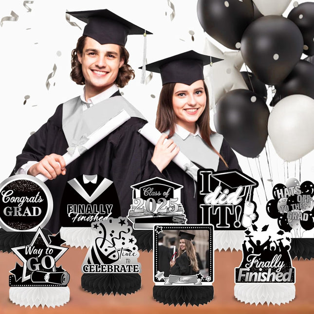 UUBAO 9 PCS Custom Graduation Party Honeycomb Centerpieces Class of 2025 Congrats Grad Decorations Congratulate Graduation Table Toppers for Graduation Party Favor Supplies (Black and Silver)