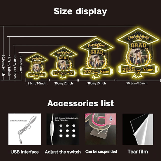 UUBAO Custom Graduation Gift LED Neon Signs Class of 2025 Personalized Photo Congrats Grad USB Powered (Black and Gold)