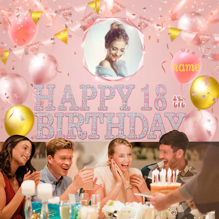 UUBAO Custom Birthday Banner for Party Personalized Backdrop Decoration with Name and Photo(Pink)
