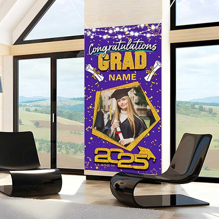 UUBAO Custom Graduation Party Decorations Personalization Banner Class of 2025 Backdrop Door Cover (Purple and Gold)