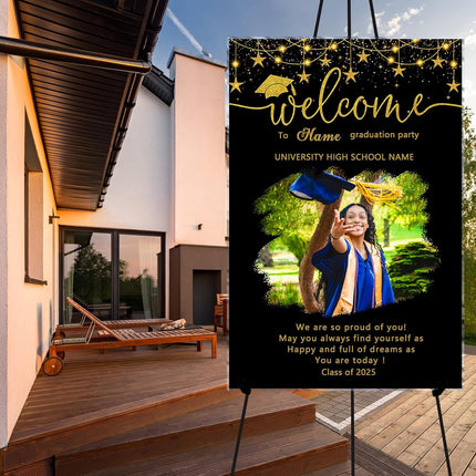 UUBAO Customized Welcome Sign for Graduation Party Personalized Acrylic Sign with Photo Name Class of 2025 Graduation Decor(Black and Gold)