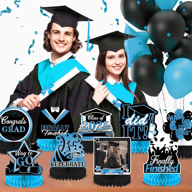 UUBAO 9 PCS Custom Graduation Party Honeycomb Centerpieces Class of 2025 Congrats Grad Decorations Congratulate Graduation Table Toppers for Graduation Party Favor Supplies (Sky Blue)