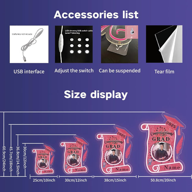UUBAO Custom Graduation Gift LED Neon Signs Class of 2025 Personalized Photo Congrats Grad USB Powered (Pink)