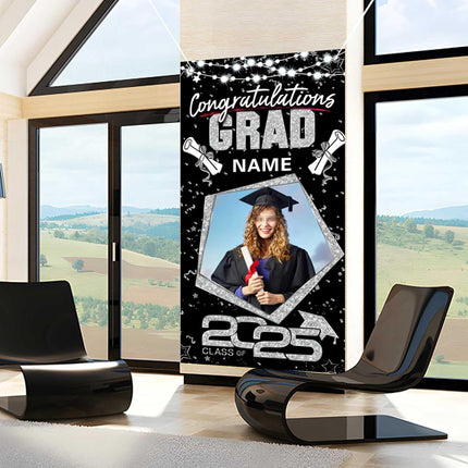 UUBAO Custom Graduation Party Decorations Personalization Banner Class of 2025 Backdrop Door Cover (Black and Silver)