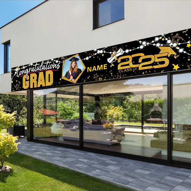 UUBAO Custom Graduation Party Decorations 2025 Personalization Congrats Grad Banner Graduation Backdrop(Black and Gold)