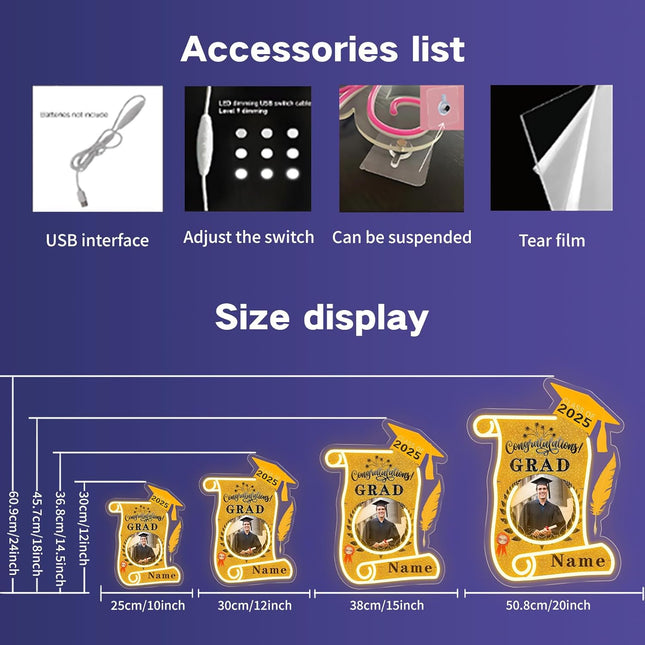 UUBAO Custom Graduation Gift LED Neon Signs Class of 2025 Personalized Photo Congrats Grad USB Powered (Yellow)