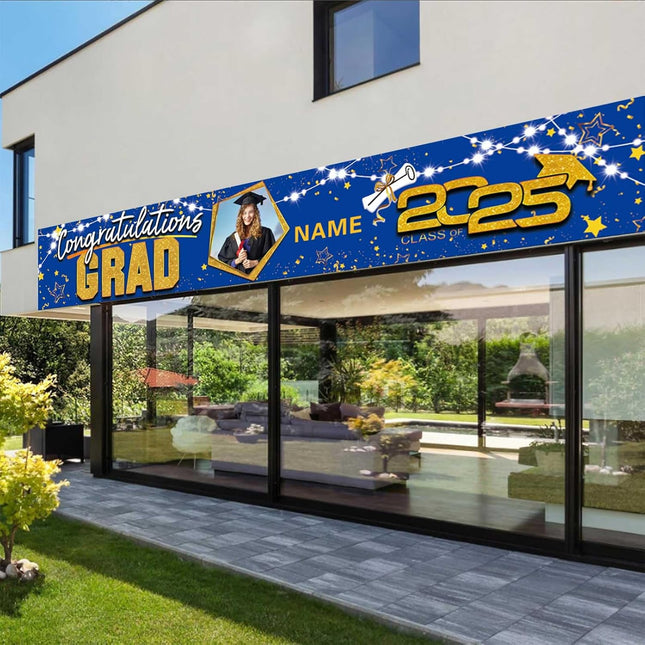 UUBAO Custom Graduation Party Decorations 2025 Personalization Congrats Grad Banner Graduation Backdrop(Blue and Gold)