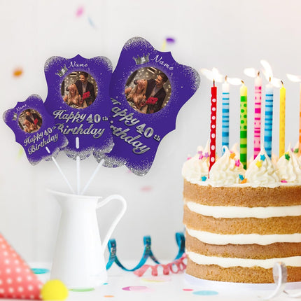 UUBAO Personalized Double Sided Happy Birthday Photo Prop Face Fan Customized Birthday Fun Supplies(Purple and Silver)