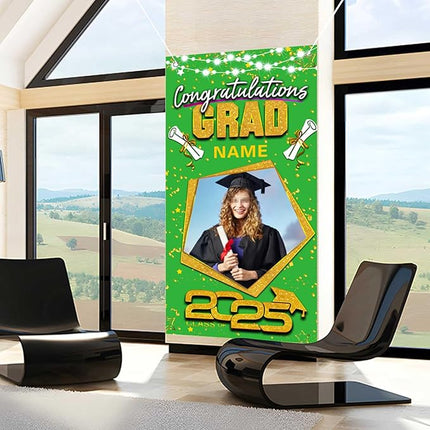 UUBAO Custom Graduation Party Decorations Personalization Banner Class of 2025 Backdrop Door Cover (Light Green and Gold)