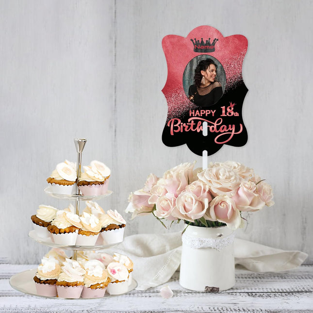 UUBAO Custom Happy Birthday Face Cutout Fans Personalized Photo Prop Signs for Birthday Party(Black and Rose Gold)