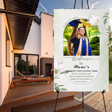 UUBAO Customized Welcome Sign for Graduation Party Personalized Acrylic Sign with Photo Name Class of 2025 Graduation Decor(White Flower)