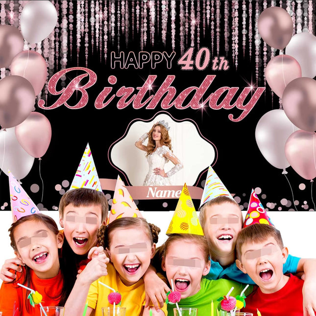 UUBAO Custom Rose Gold Pink Theme Birthday Banner for Party Happy Birthday Backdrop Decoration Personalized with Name and Photo