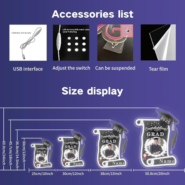 UUBAO Custom Graduation Gift LED Neon Signs Class of 2025 Personalized Photo Congrats Grad USB Powered (Black and Silver)