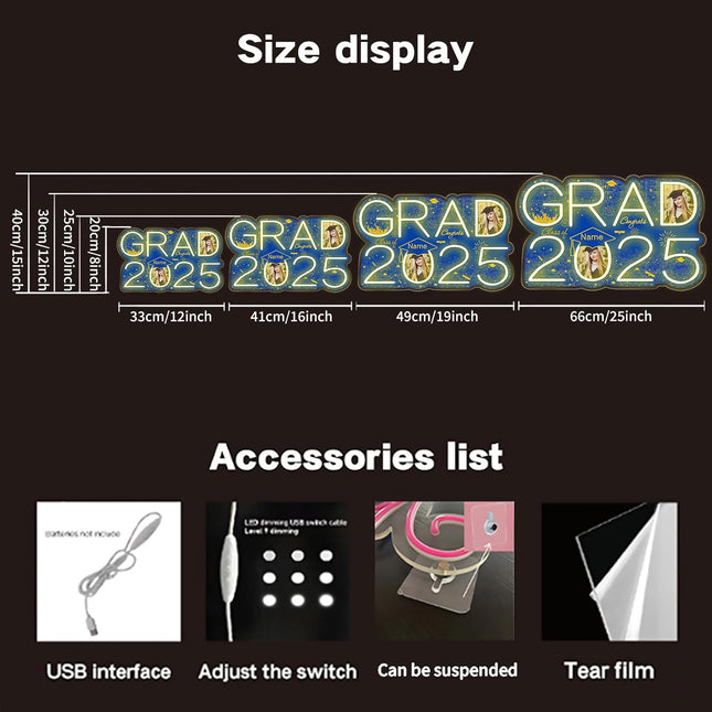 UUBAO Personalized Graduation Gift Neon Signs Congrats Grad LED Light Signs with Photo 2025 Party Backdrop Light Sign Decor (Blue and Gold)