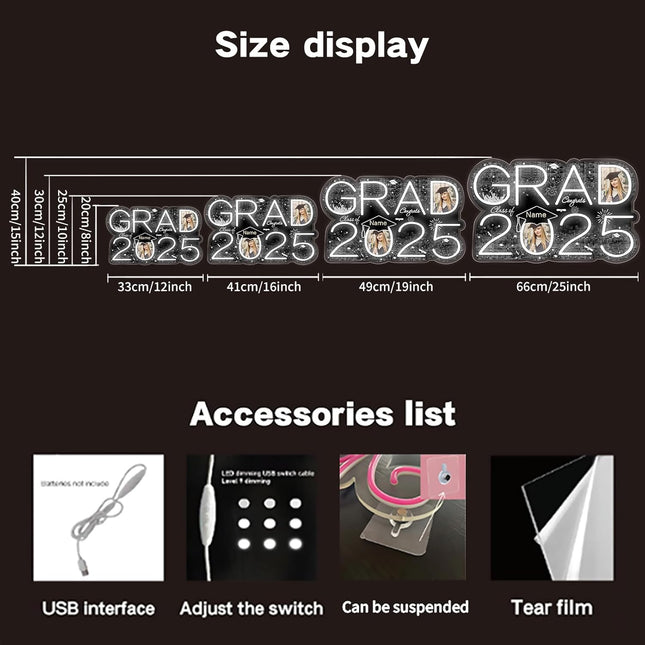 UUBAO Personalized Graduation Gift Neon Signs Congrats Grad LED Light Signs with Photo 2025 Party Backdrop Light Sign Decor (Black and Silver)