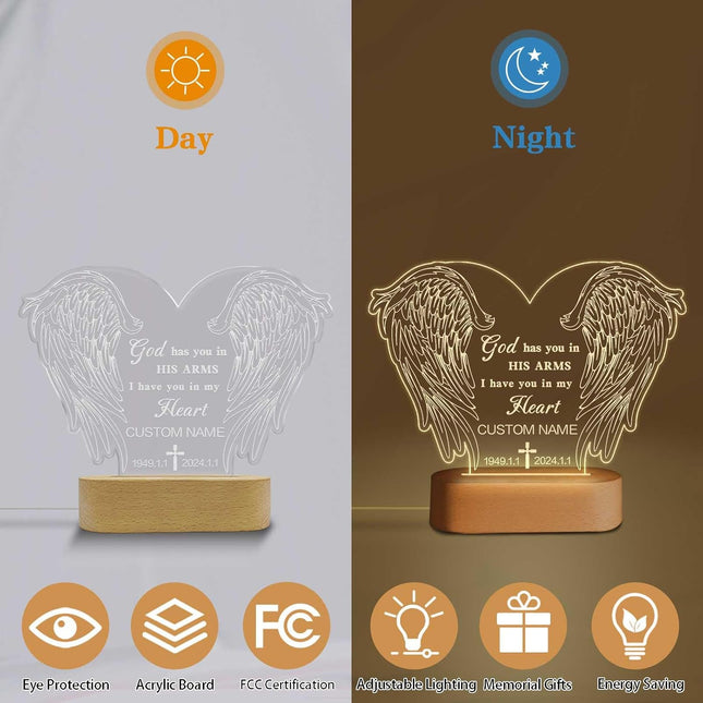 UUBAO Personalized Memorial Gift 3D Carved Night Light Customized Light Up Acrylic Plaque Lamp Sympathy Bereavement Remembrance Gift(Wings)