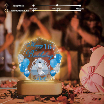 UUBAO Personalized Happy Birthday Night Light Gift with Photo Customized Acrylic Lamp for Her Mom Daughter Grandma Nana(Blue and Silver)