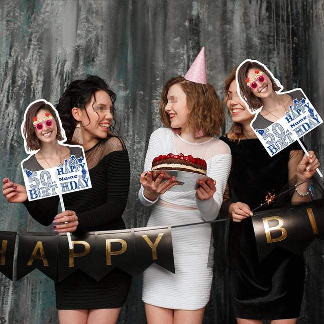 UUBAO Custom Happy Birthday Face Cutout Fans Personalized Photo Prop Signs for Birthday Party(Blue and Silver