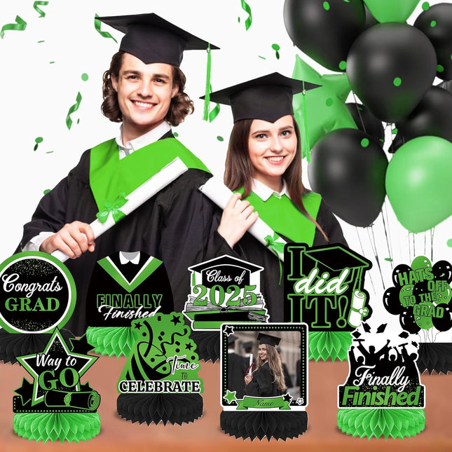 UUBAO 9 PCS Custom Graduation Party Honeycomb Centerpieces Class of 2025 Congrats Grad Decorations Congratulate Graduation Table Toppers for Graduation Party Favor Supplies (Light Green)
