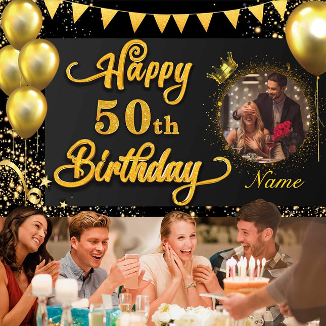 UUBAO Custom Happy Birthday Decorations Banner Backdrop for Women Men Boys Girls Personalization Black and Gold Birthday Party Supplies