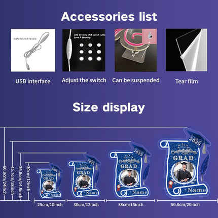 UUBAO Custom Graduation Gift LED Neon Signs Class of 2025 Personalized Photo Congrats Grad USB Powered (Blue and Silver)