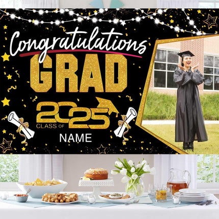 UUBAO Custom Graduation Party Decorations Personalization Banner Class of 2025 Backdrop (Black and Gold)