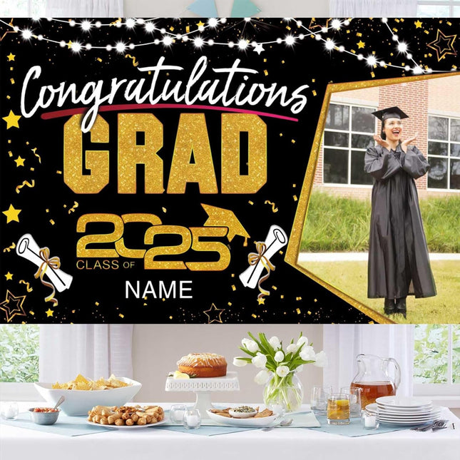 UUBAO Custom Graduation Party Decorations Personalization Banner Class of 2025 Backdrop (Black and Gold)
