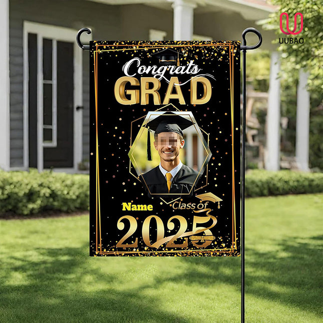 UUBAO Custom Graduation Garden Flag with Photo Class of 2025 Congrats Grad Double Sided Yard Flag Decorative Gifts (Black and Gold)