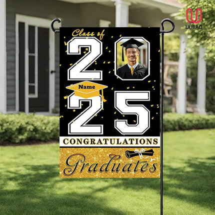 UUBAO Custom Graduation Garden Flag with Photo Class of 2025 Congrats Grad Double Sided Yard Flag Decorative Gifts (Black and Gold)