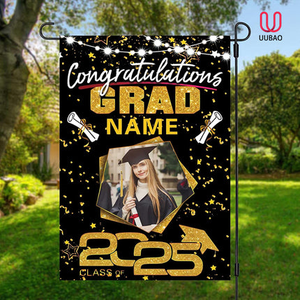 UUBAO Custom Graduation Garden Flag with Photo Class of 2025 Congrats Grad Double Sided Yard Flag Decorative Gifts (Black and Gold)