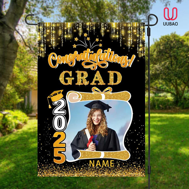UUBAO Custom Graduation Garden Flag with Photo Class of 2025 Congrats Grad Double Sided Yard Flag Decorative Gifts (Black and Gold)