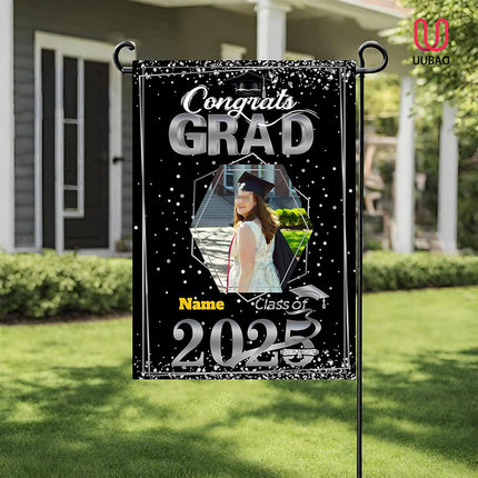 UUBAO Custom Graduation Garden Flag with Photo Class of 2025 Congrats Grad Double Sided Yard Flag Decorative Gifts (Black and Silver)