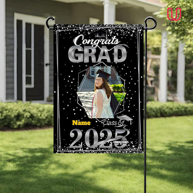 UUBAO Custom Graduation Garden Flag with Photo Class of 2025 Congrats Grad Double Sided Yard Flag Decorative Gifts (Black and Silver)